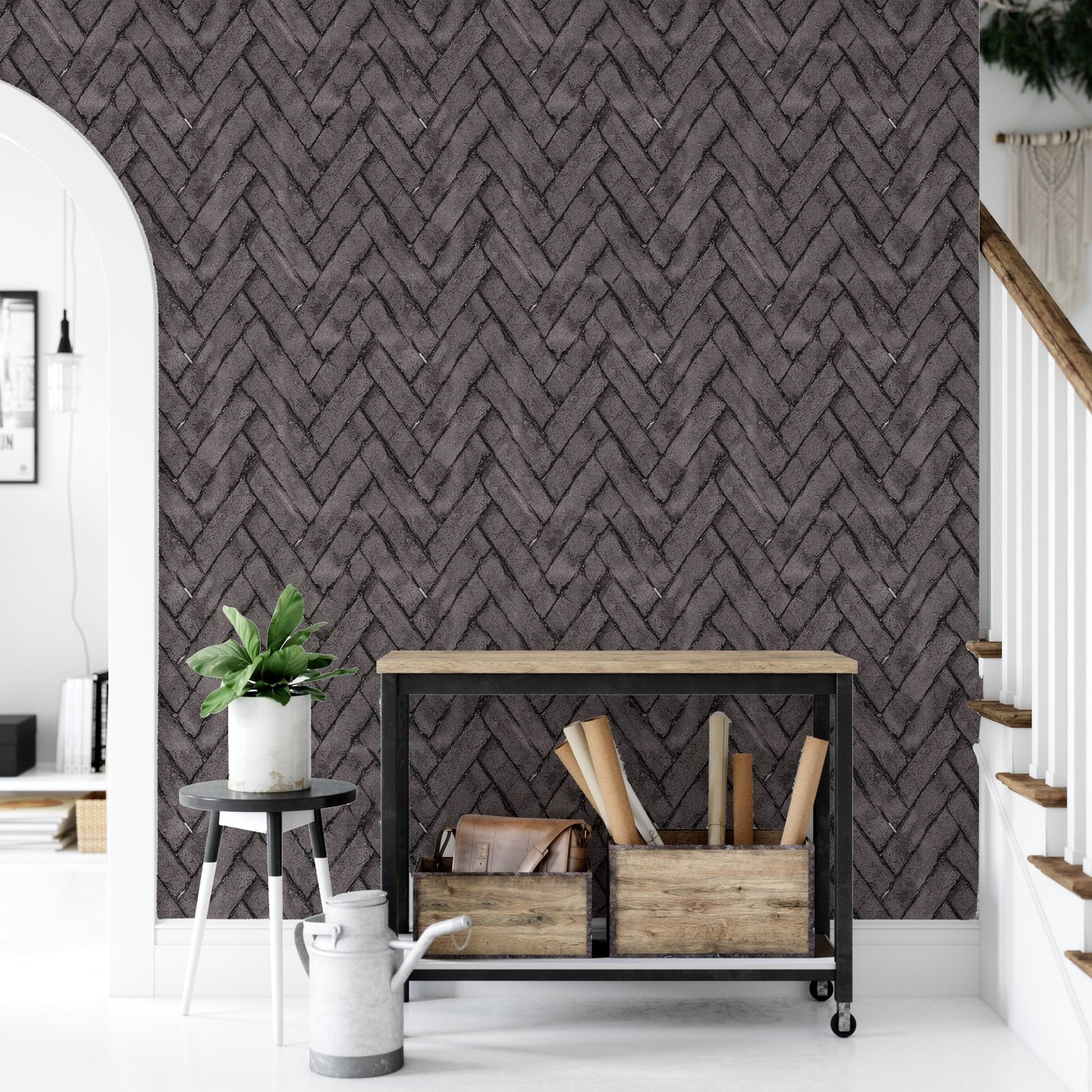Entryway with dark brown brick wallpaper and a black console table near stairs.