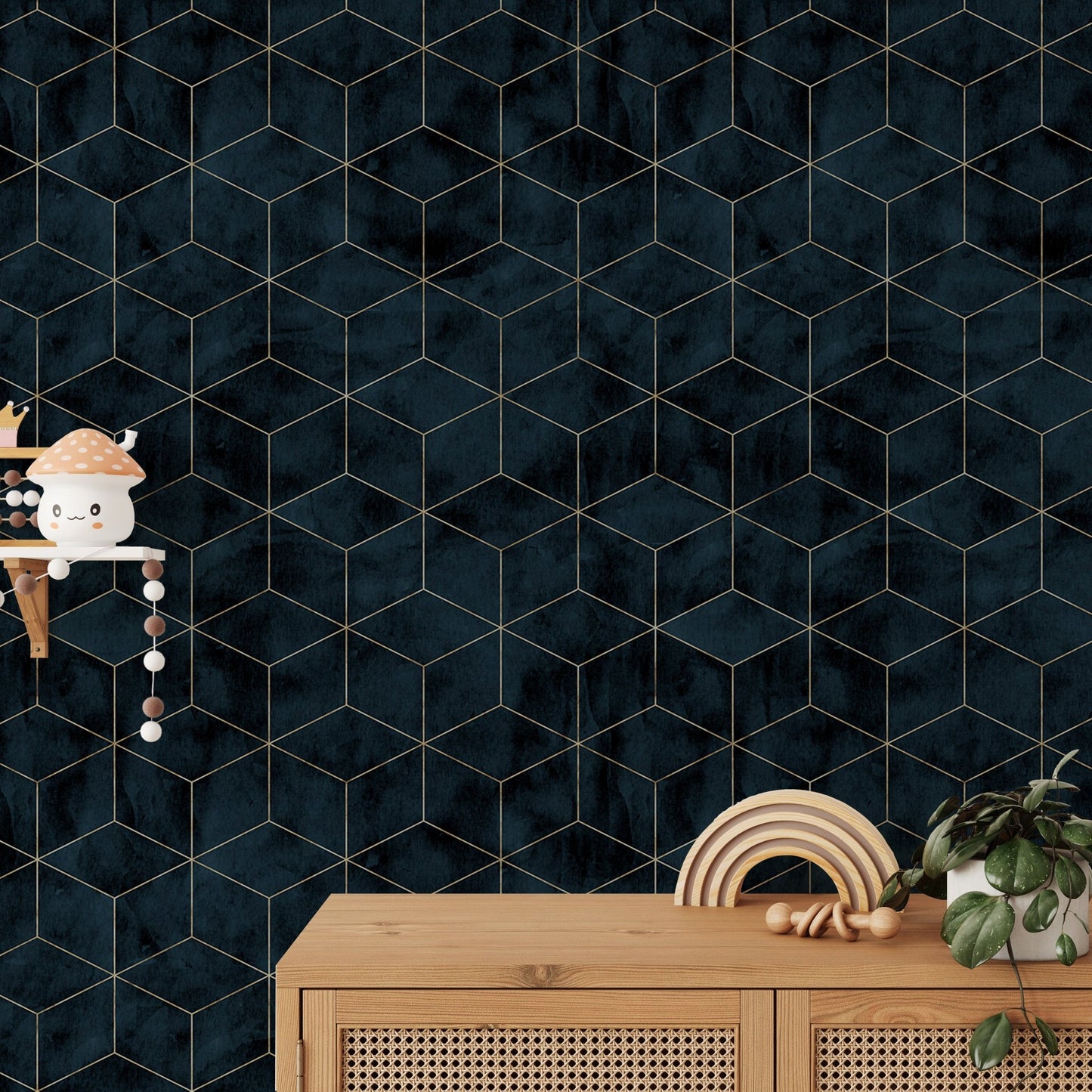 Dark Color Cubes Art Deco wallpaper displayed on a sample wall with a shelf.