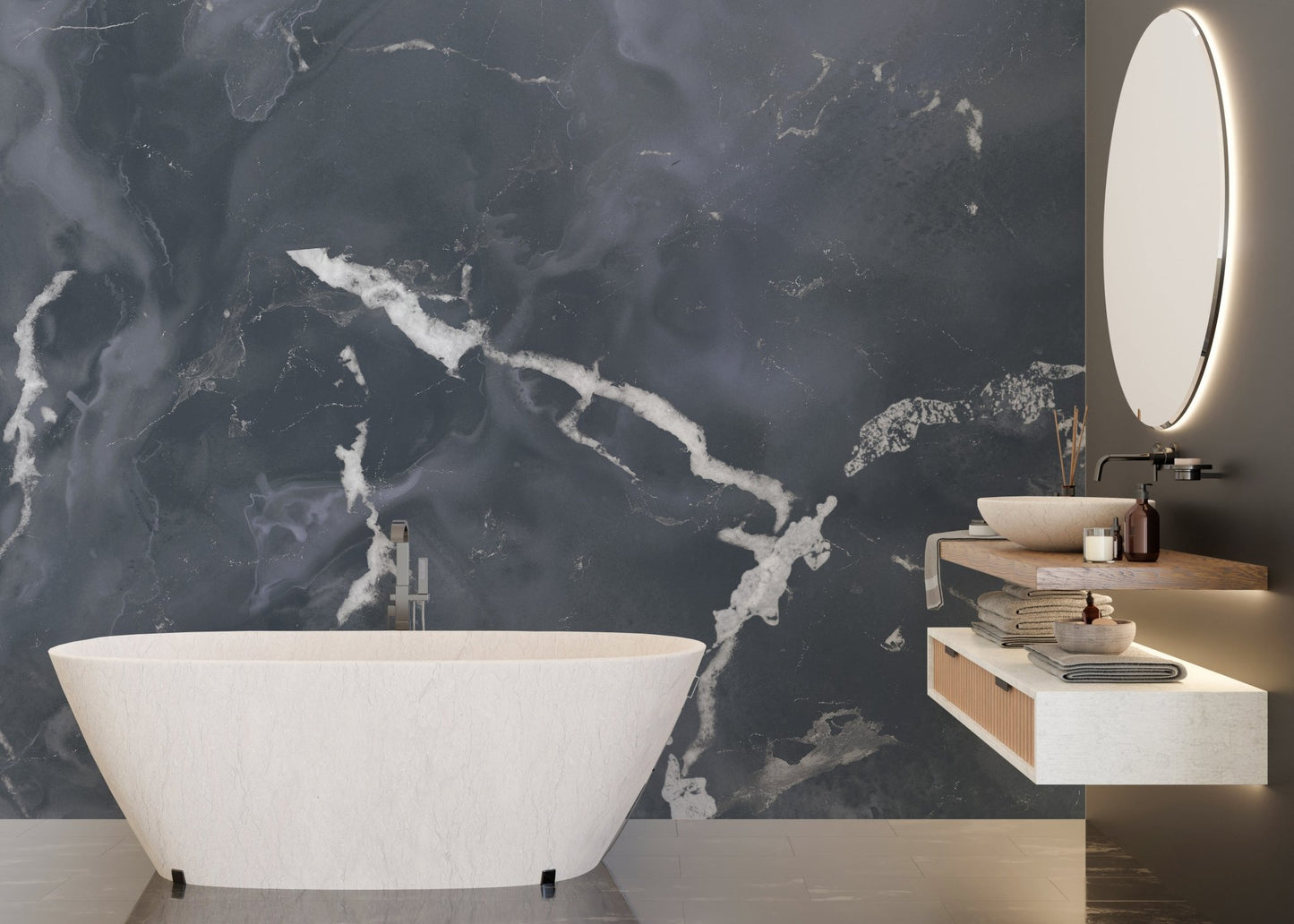 Luxury bathroom vanity with circular mirror and gray stone wall mural.