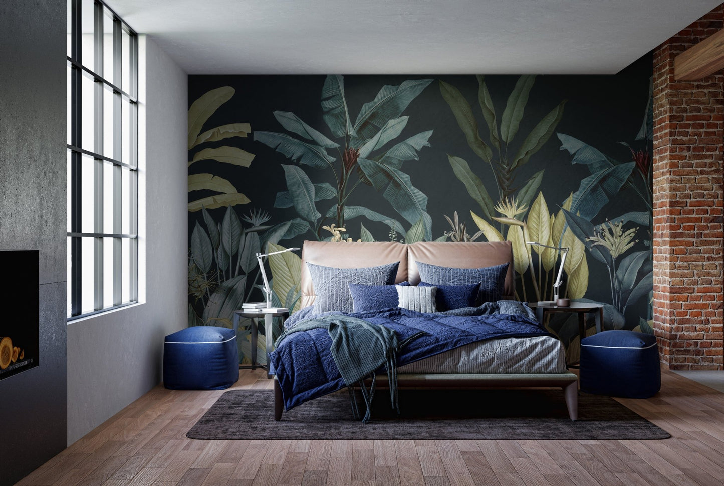 Navy and green oasis wall mural in a bedroom with a blue velvet bed frame.