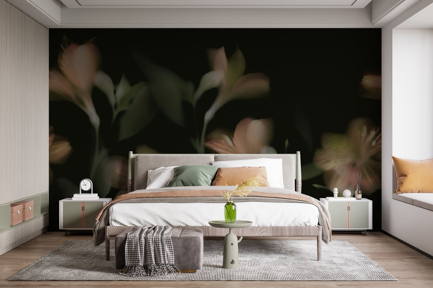Dark vintage jasmine flower wall mural behind a neutral bed and rug.