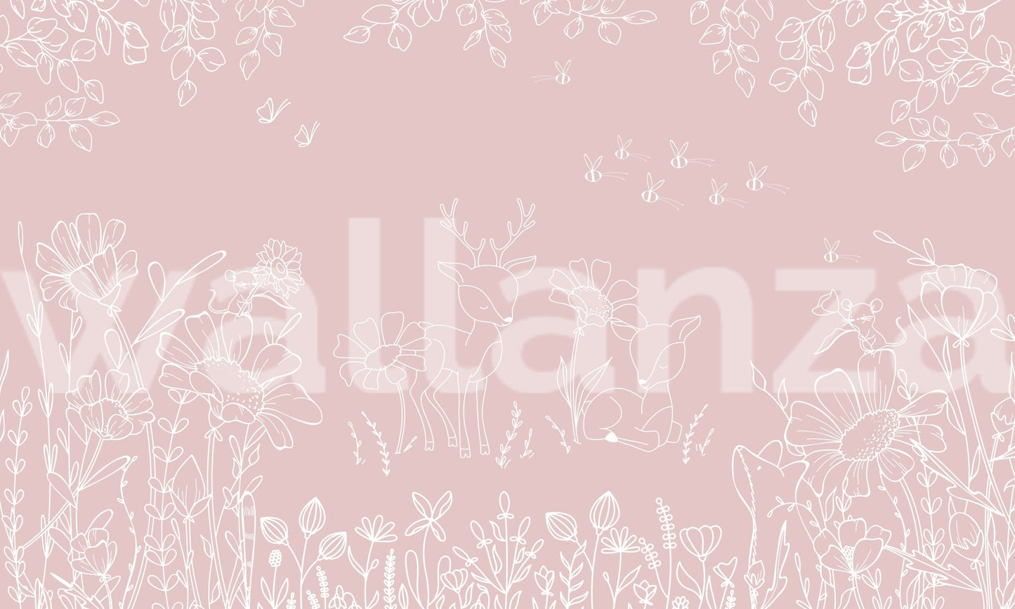 Pink wall mural with white nature doodles for a themed kids room.