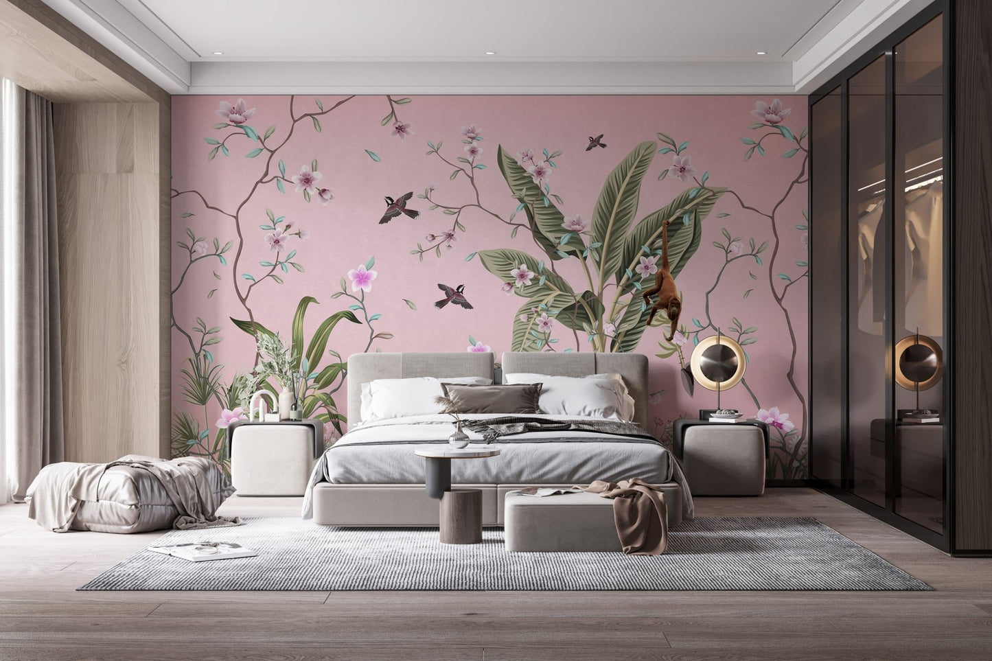 Hand drawn style floral wall mural for a bedroom feature wall with dark wardrobes.