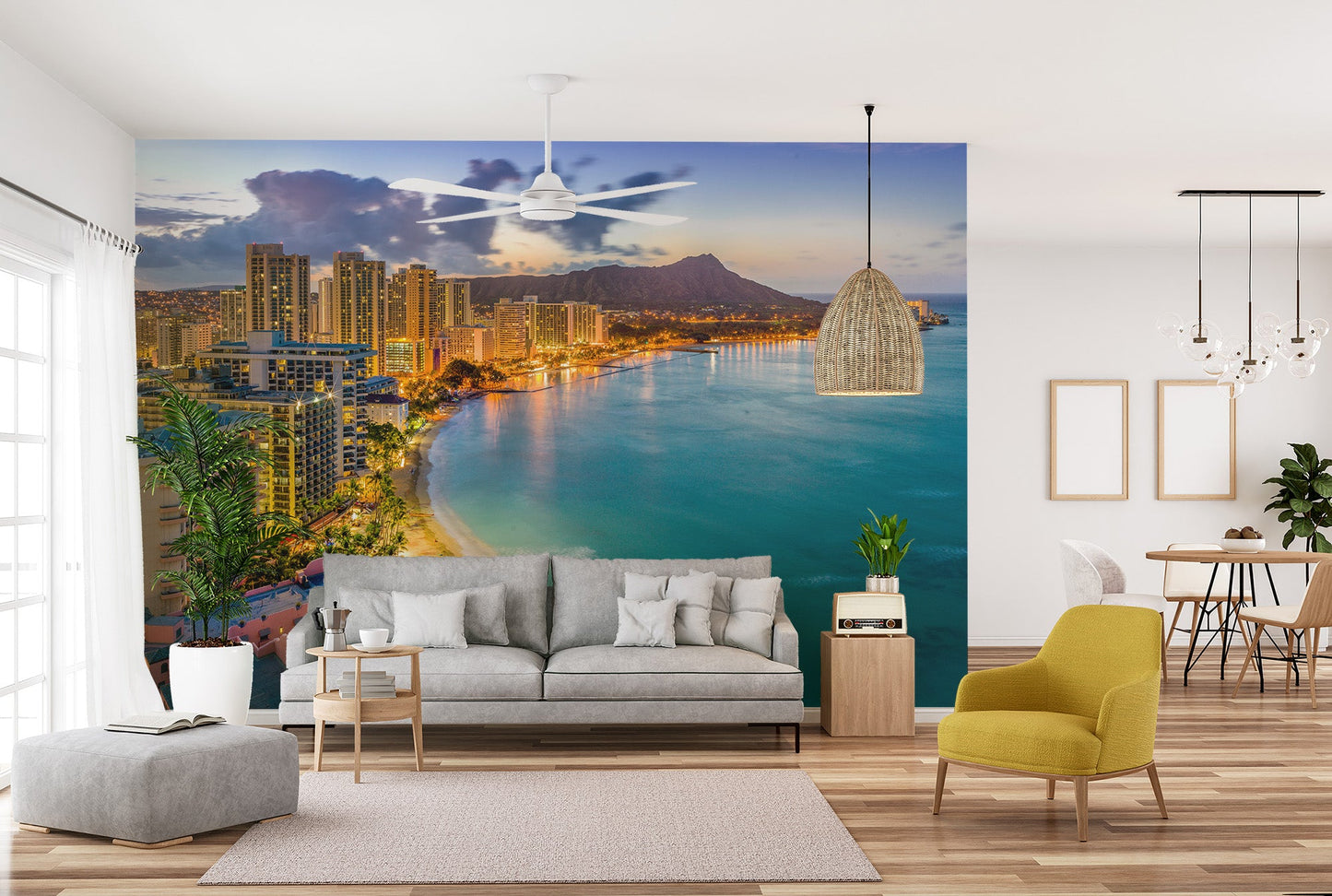 Island skyline sunset wall mural with calm ocean color.