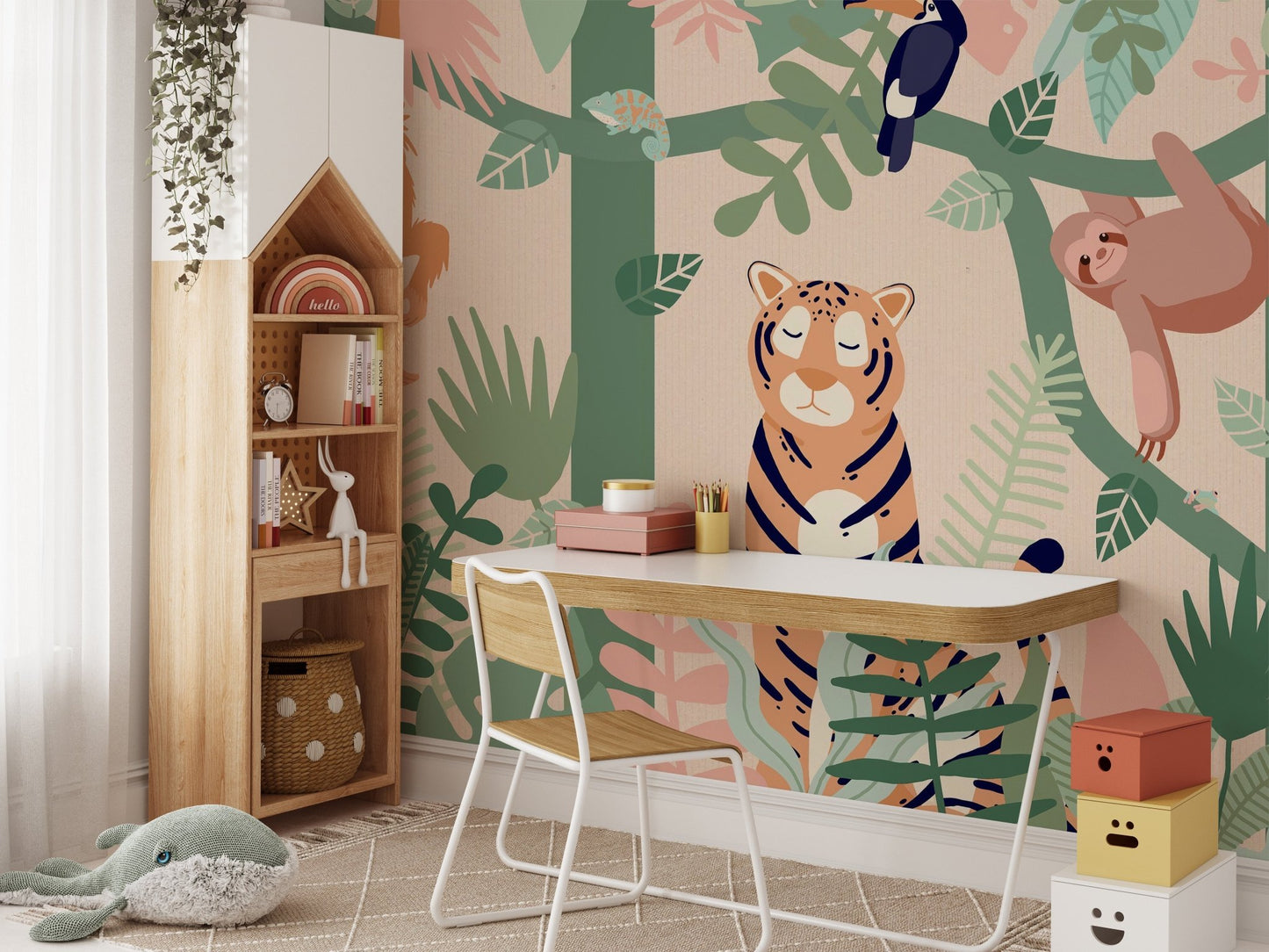 Tiger and sloth forest wall mural behind a study desk and white chair.