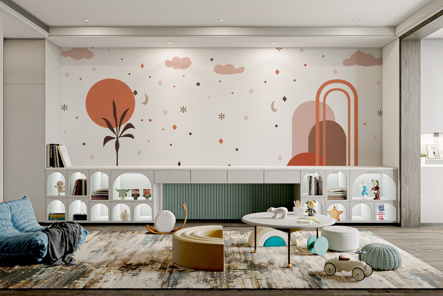 Playful sky themed wall mural with warm orange sun and cloud pattern for nursery.