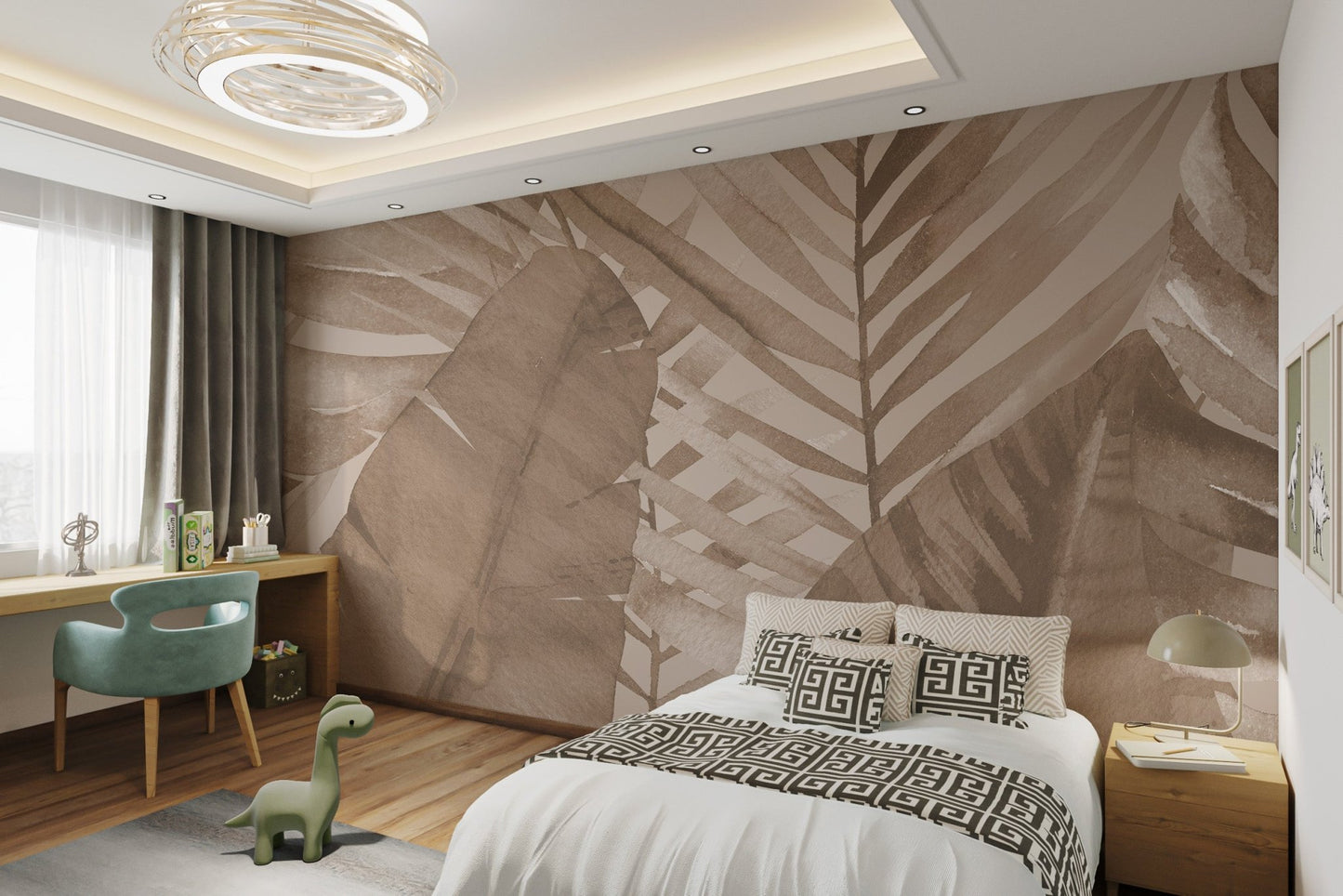 Dried palm leaves watercolor mural applied to a main bedroom wall.