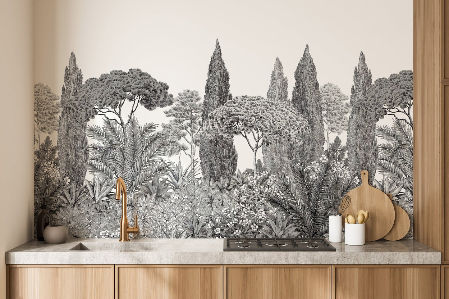 Grey forest mural with drifting deodar trees in kitchen backdrop.