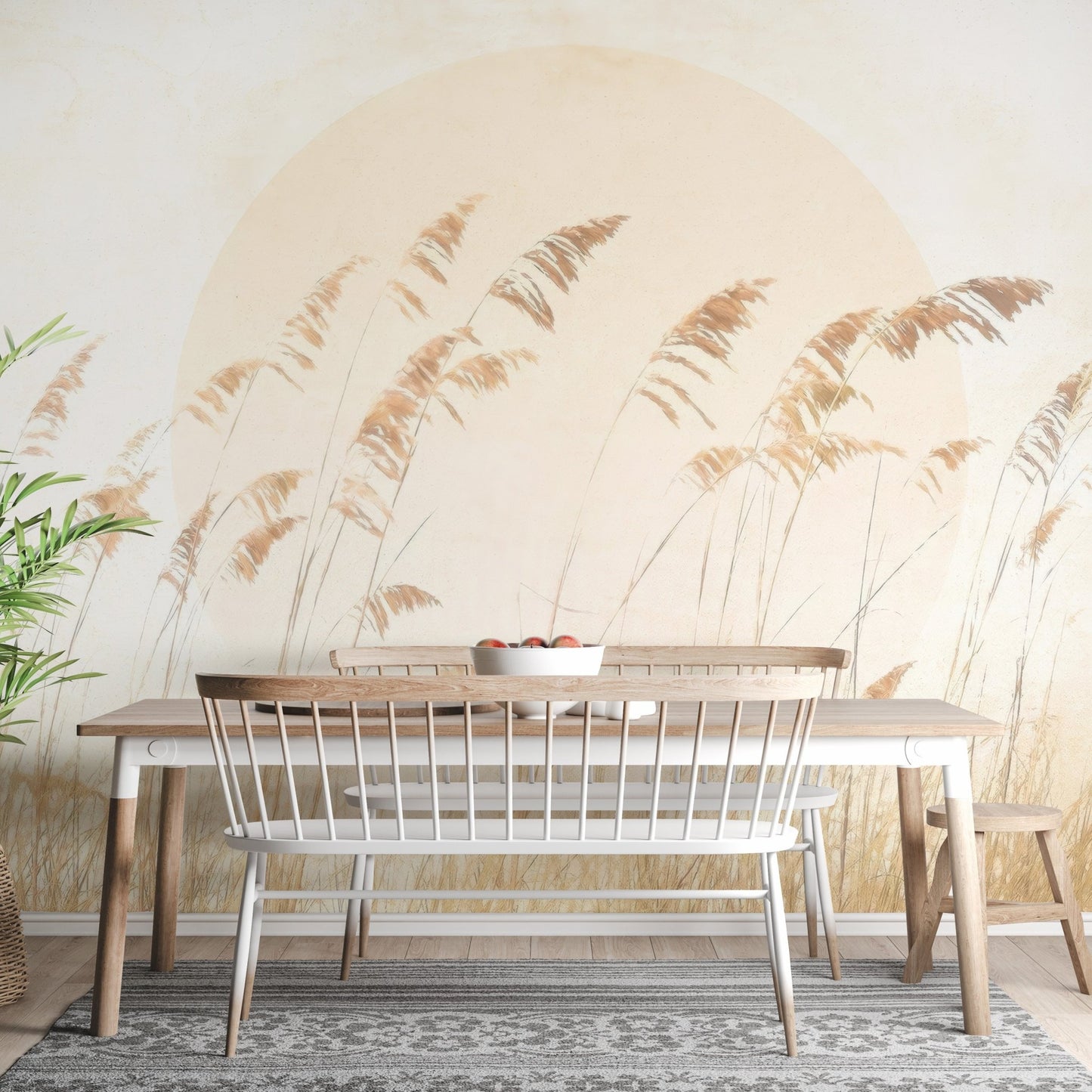 Minimalist wall mural featuring tall grass silhouettes and a sun.