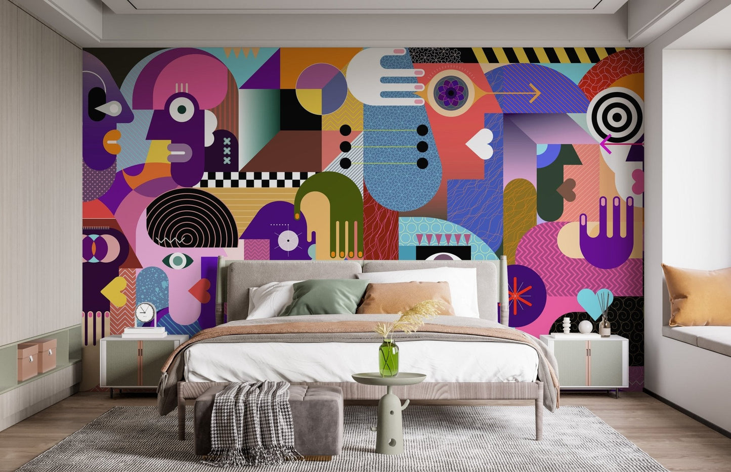 Abstract vision wall mural with bold contrast colors for bedroom interior.