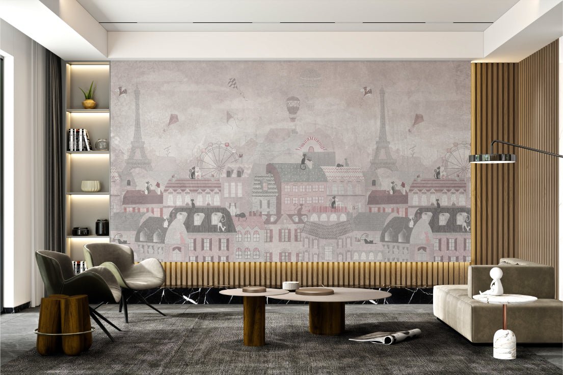 Eiffel Tower and Cats Wall Mural with grey building facades for living spaces.