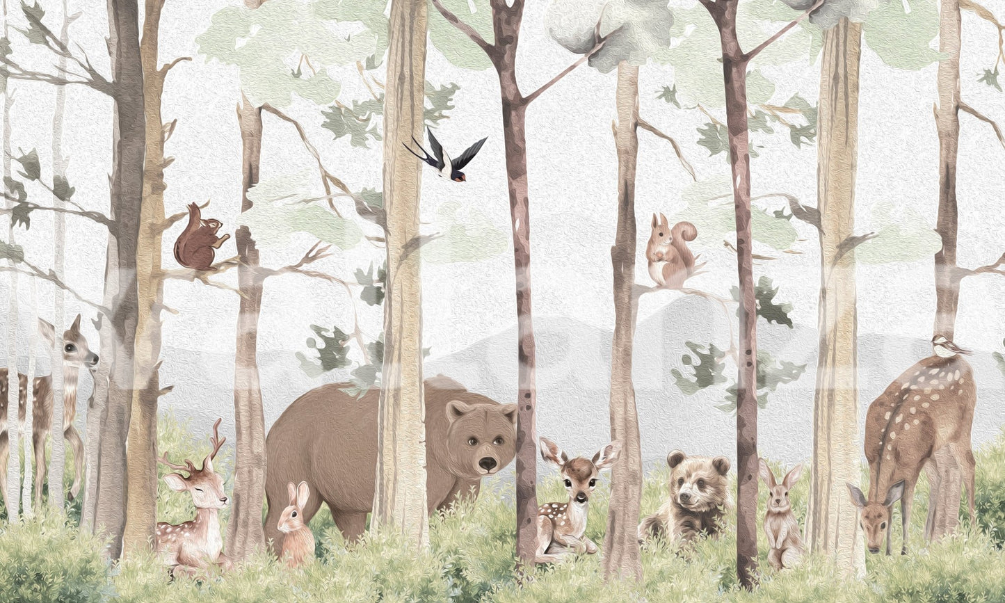 Horizontal view of a forest wall mural with bears and tall slender tree trunks.