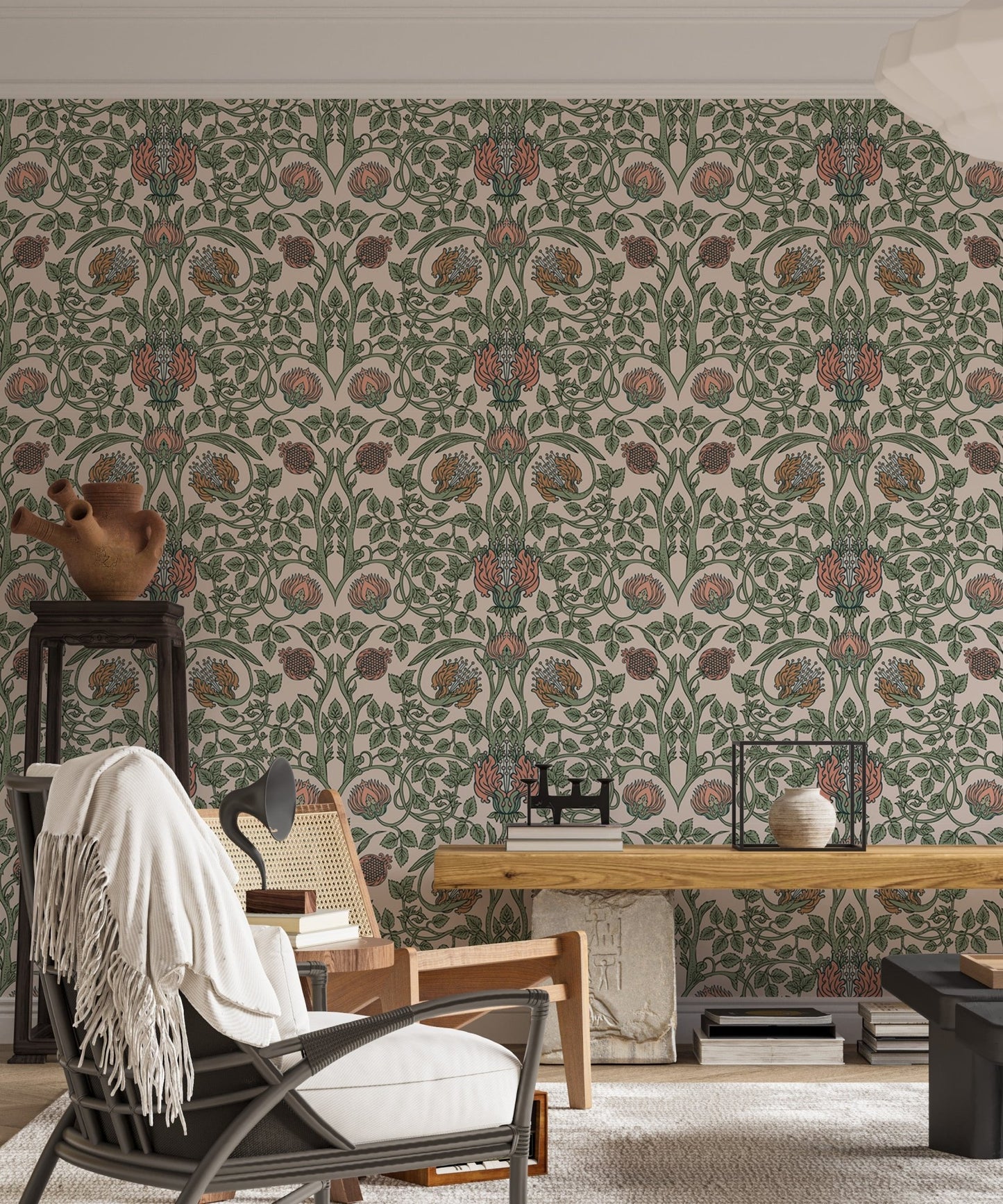 Enchanted Vintage Flower Pattern Retro Wall mural in a study with a black chair.