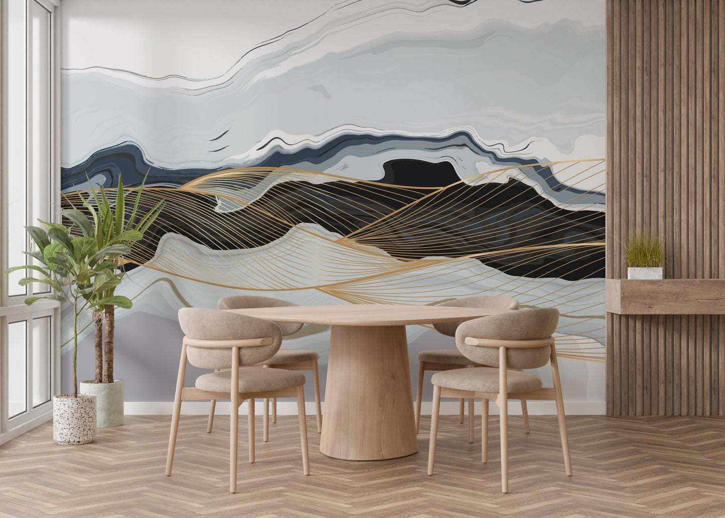 Mesmerizing marble mural in blue gold tones