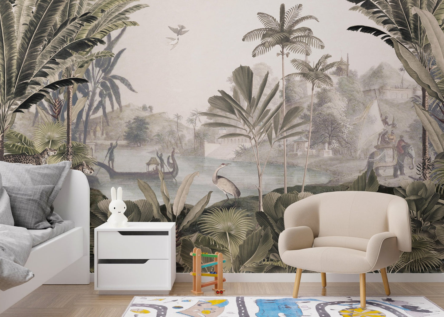 Enigmatic sepia mural with lush jungle details.