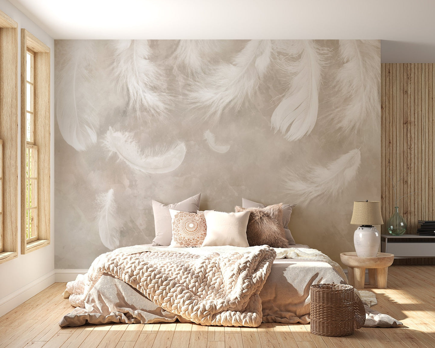 Gentle feather drift mural for peaceful vibes
