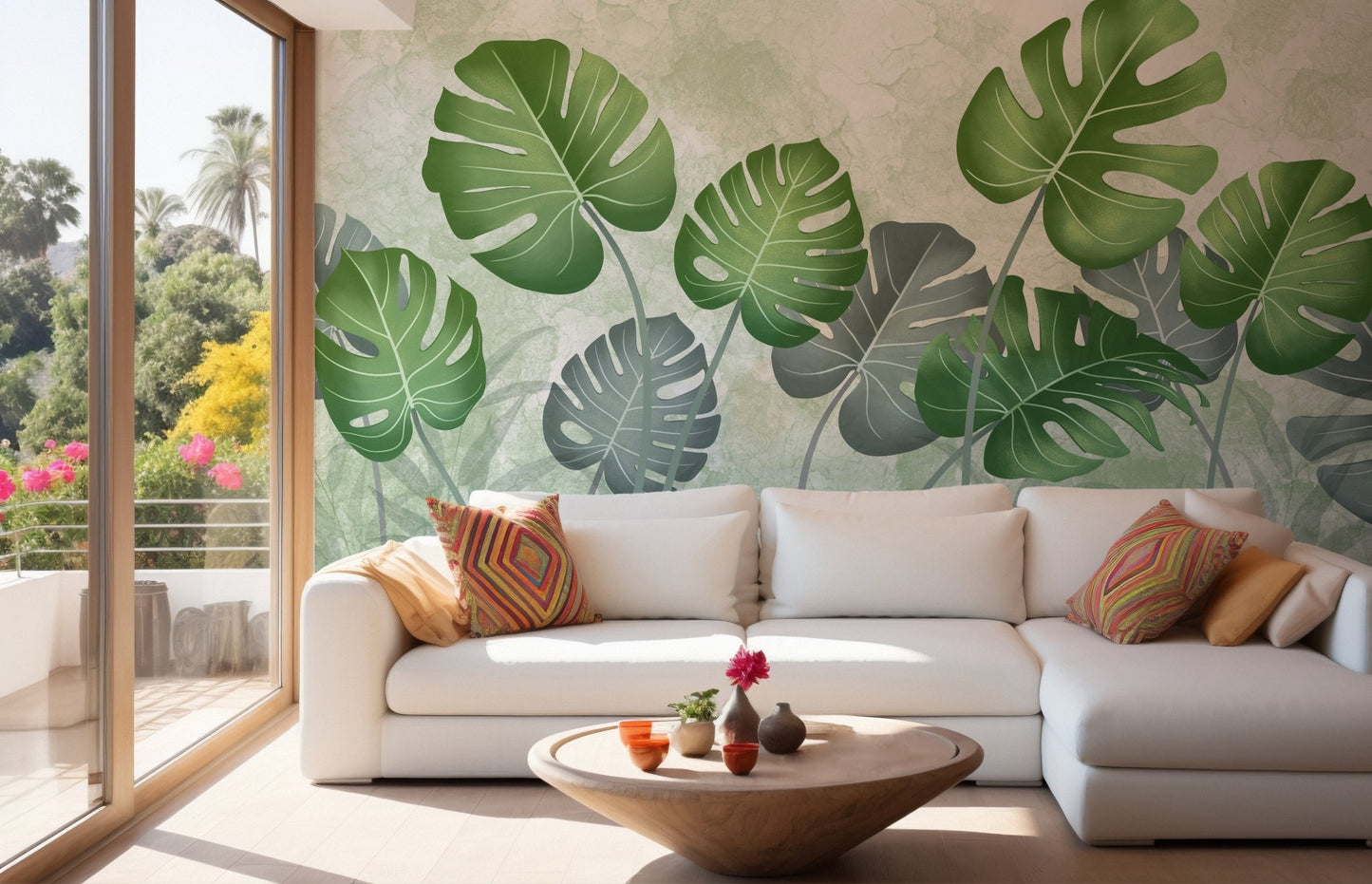 Exotic Canopy Leaves wall mural creating a nature-inspired living room.