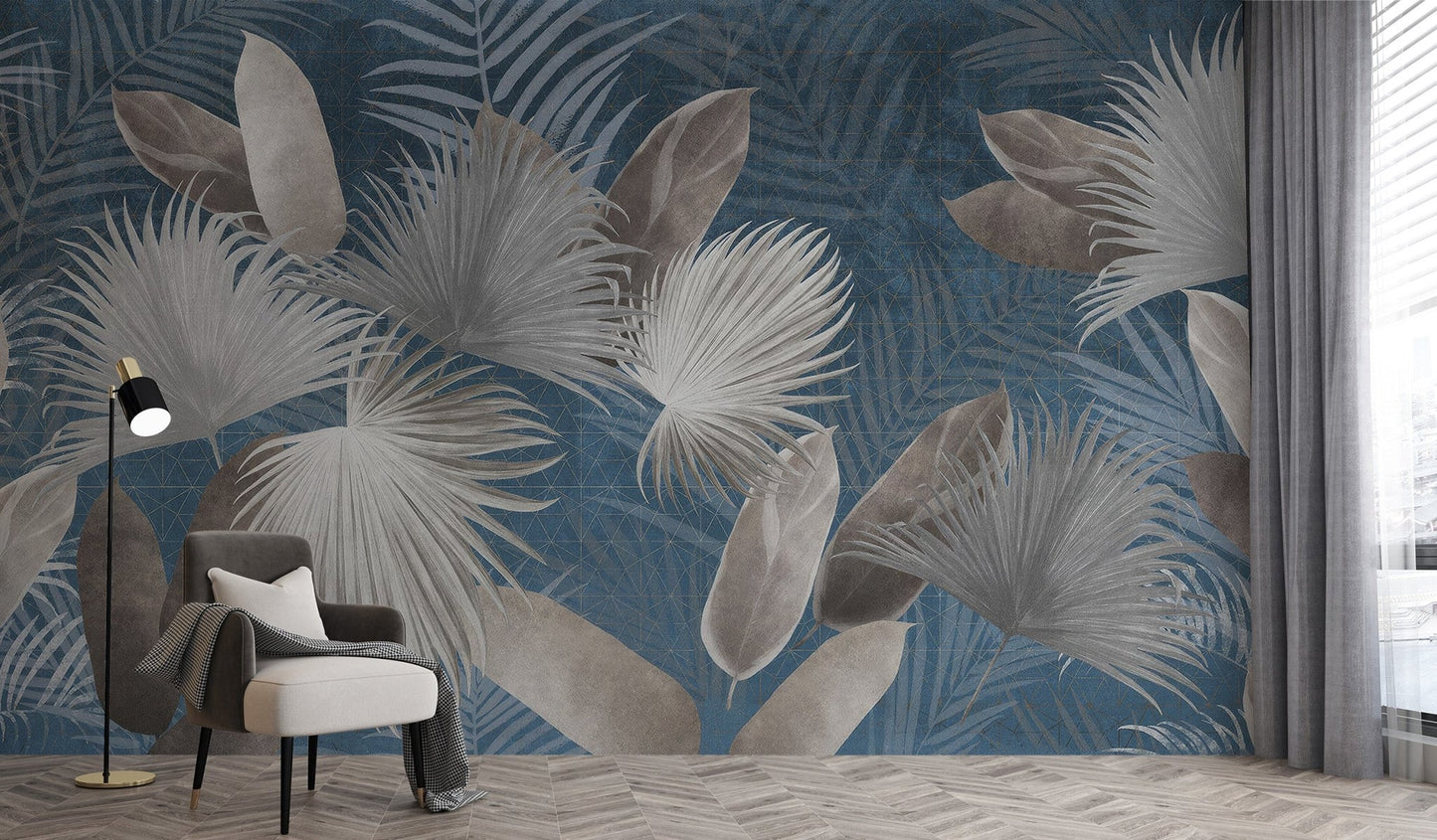 Minimal tropical leaves wallpaper mural with layered palm shapes.