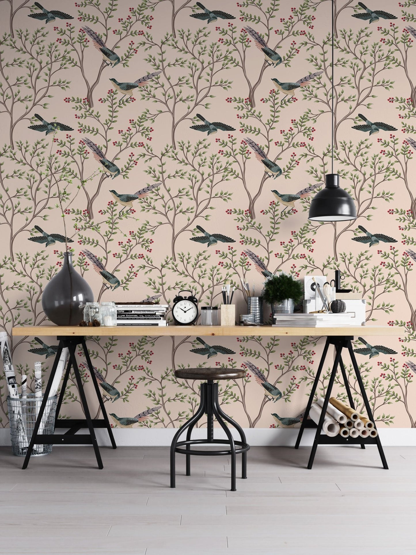 Exotica Chinoiserie Birds and Leaves Light Pink Color Wallpaper