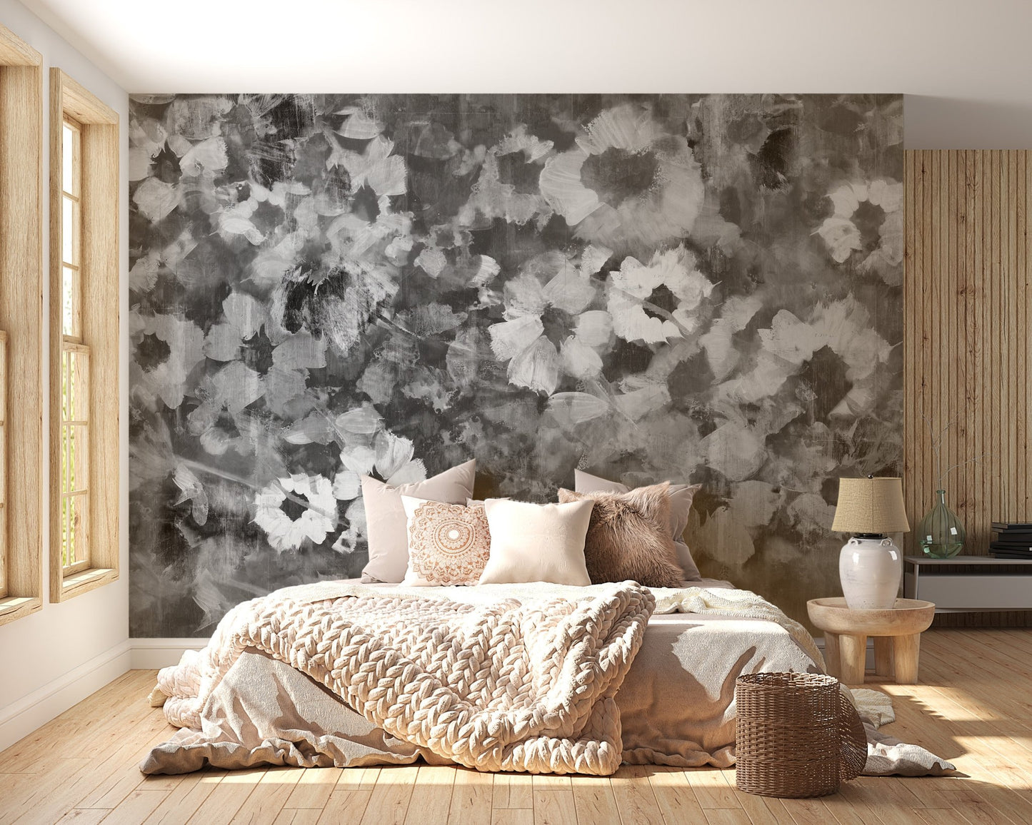 Sunlit bedroom with monochrome floral art wall mural.