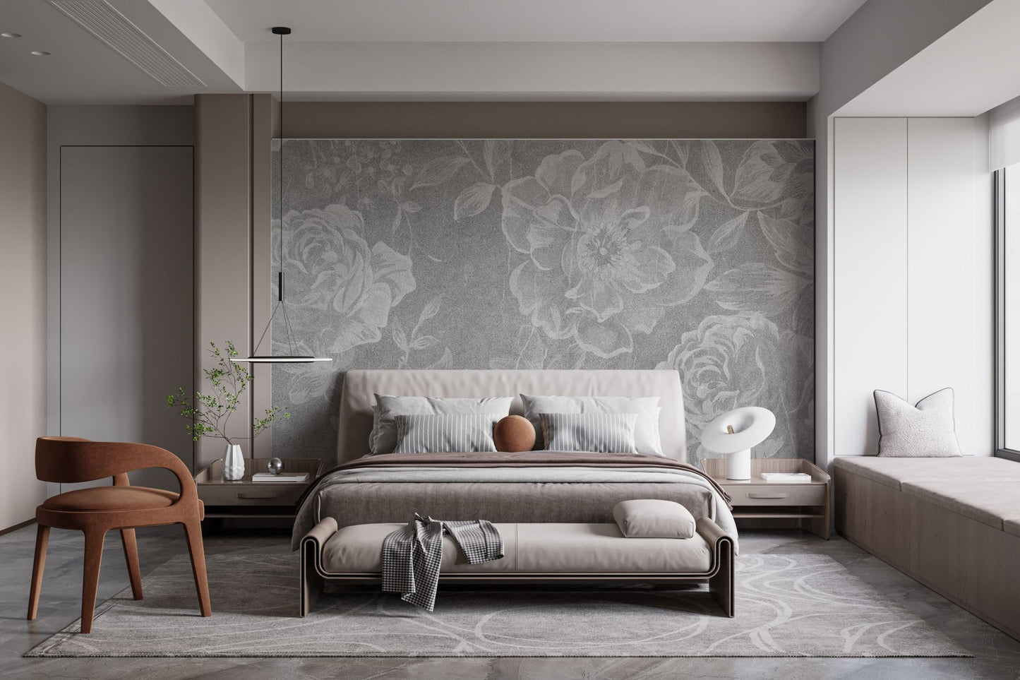 Faded White Floral Delight Wall Murals behind a platform bed and dark wardrobe.