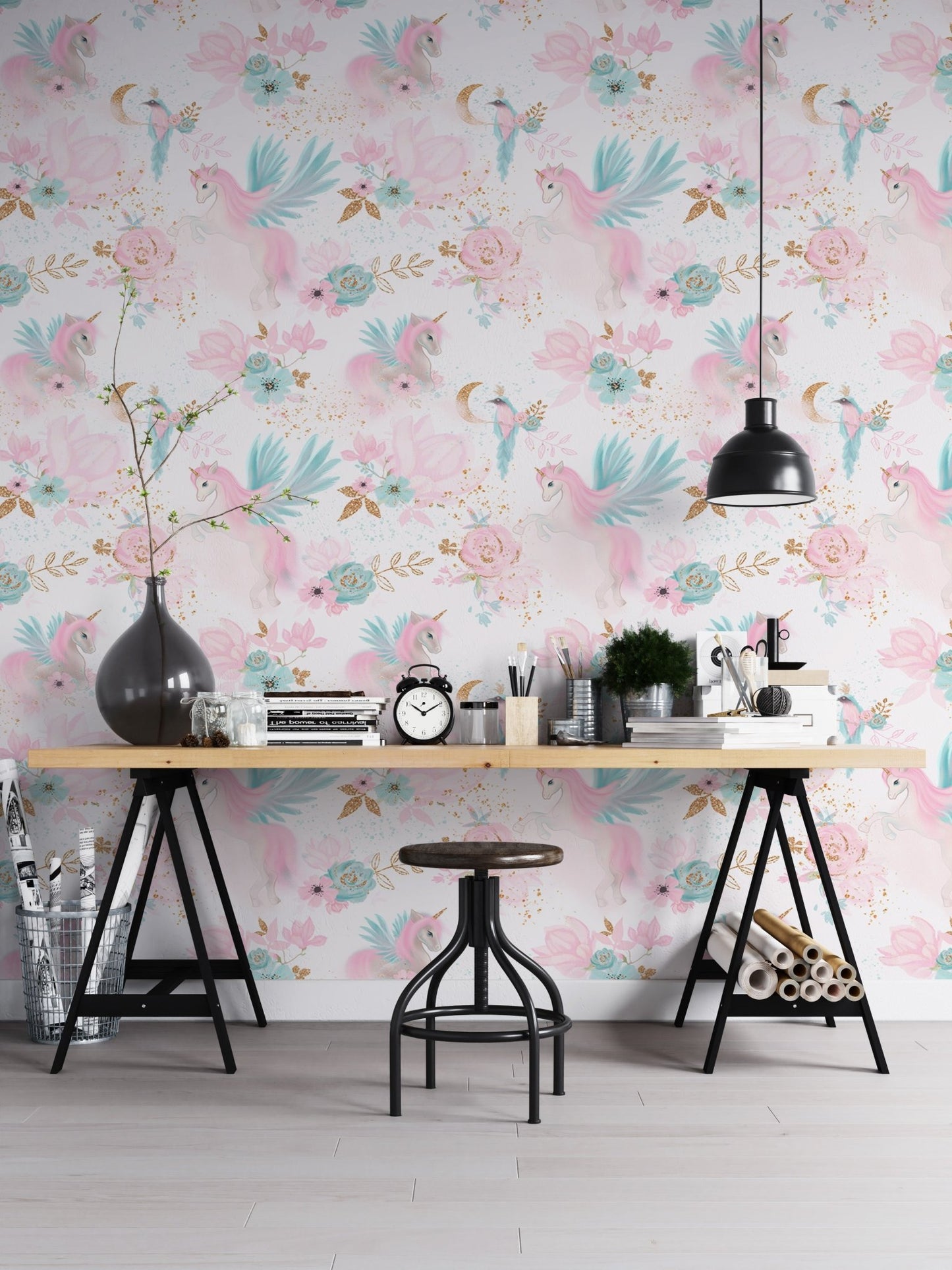 Magical garden wallpaper in a workspace with black industrial furniture.