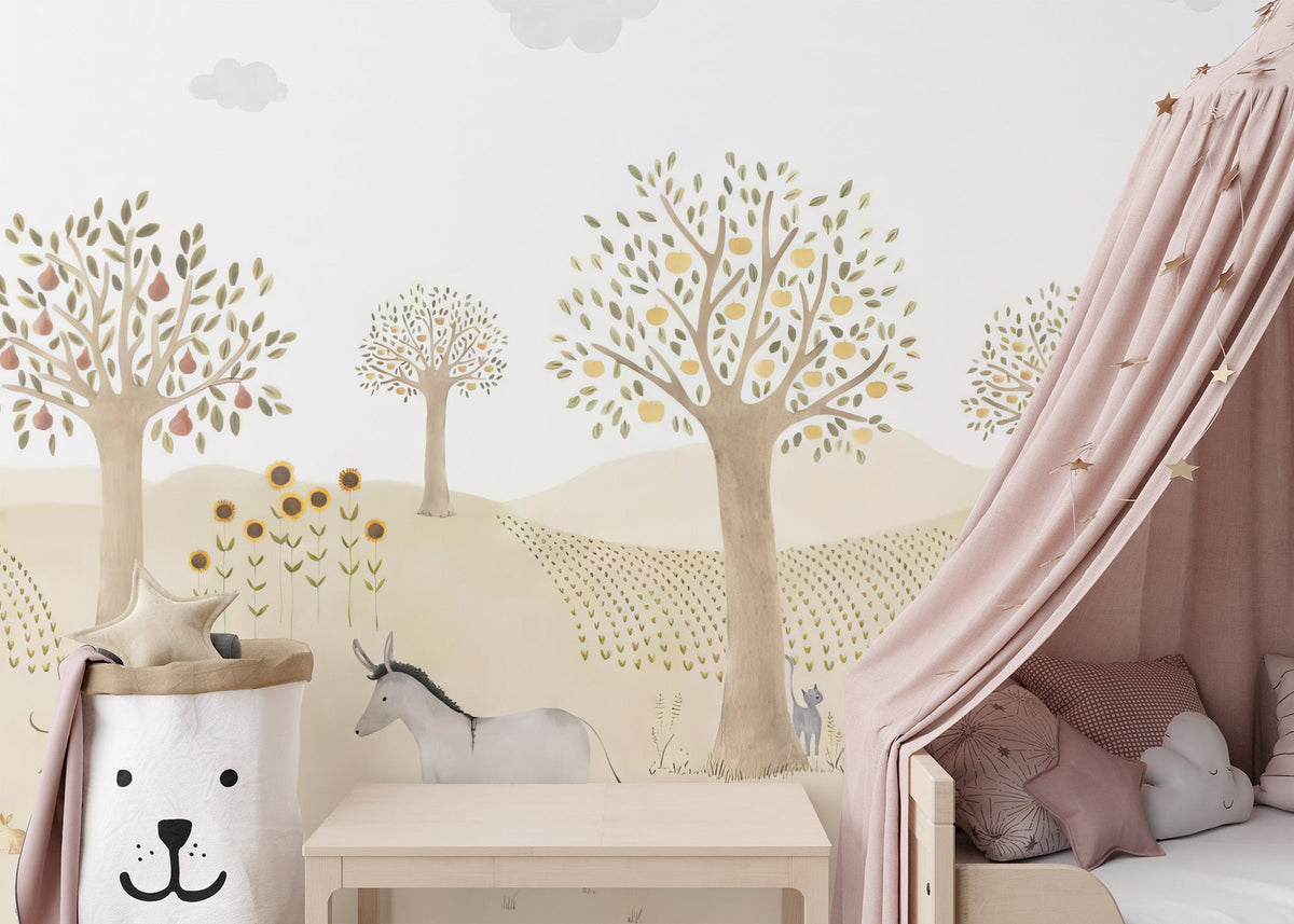 Country farm landscape wallpaper wall mural with soft sky backdrop.