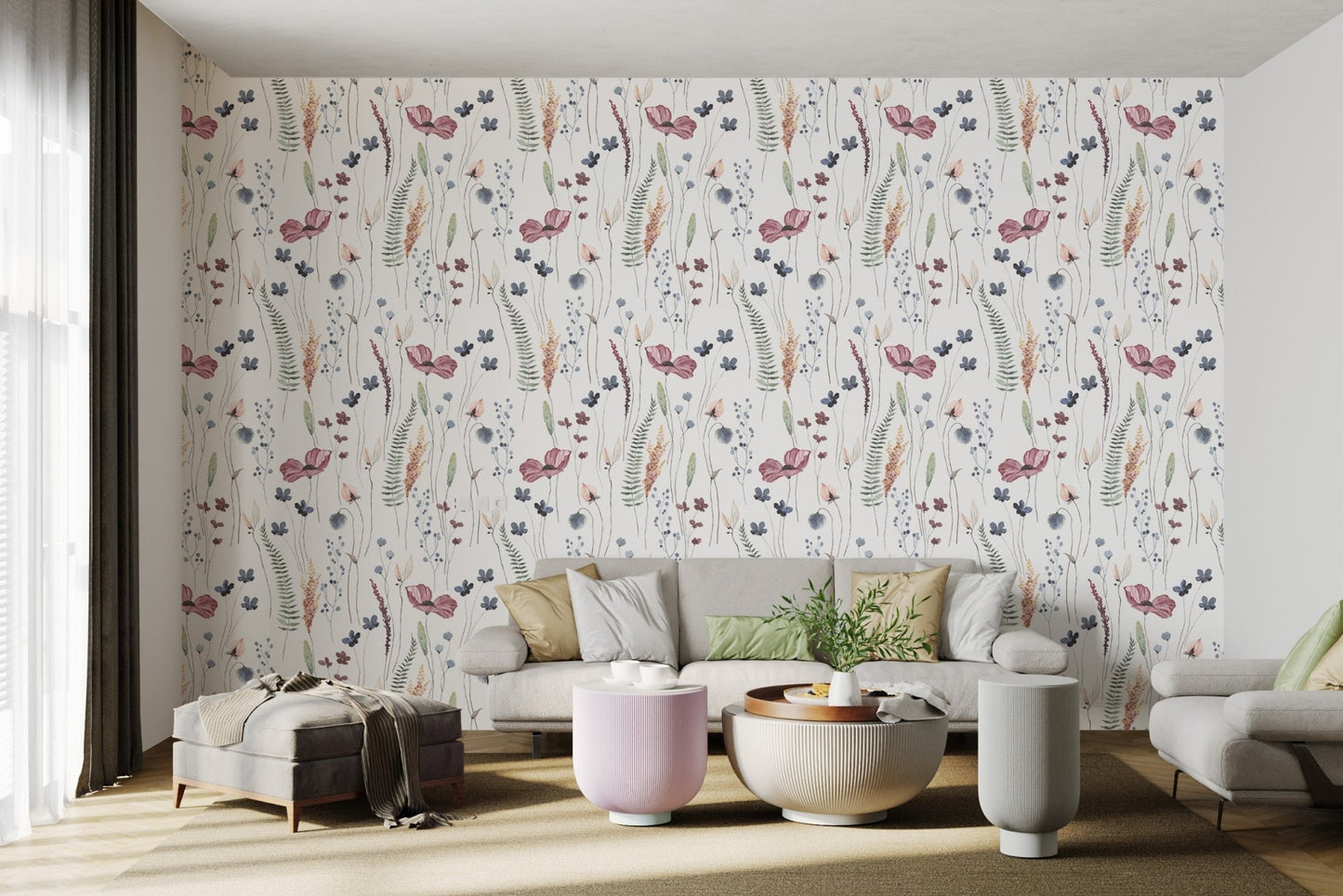 Seamless watercolor flower wallpaper for a contemporary living space.