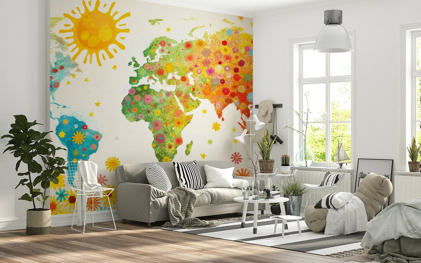 Detailed watercolor flower field for custom home wall decor.