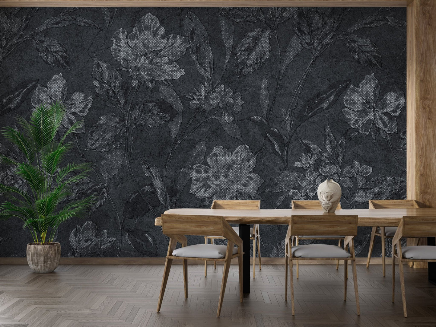 Flower pattern on black background wallpaper in a dining area with green indoor plants.