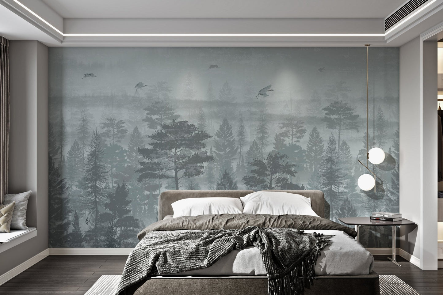 Grus bird mural with jungle flowers and forest vibes in large bedroom.