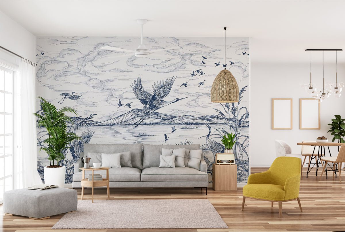 Sketch art flying cranes wall mural for residential open living room.