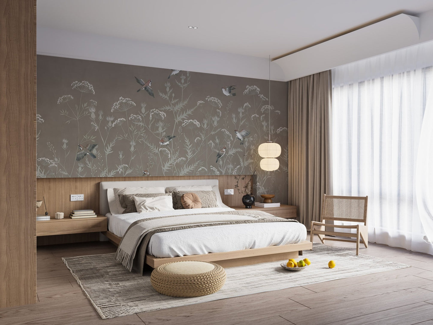 Scandinavian style sparrow wall mural with meadow artwork.
