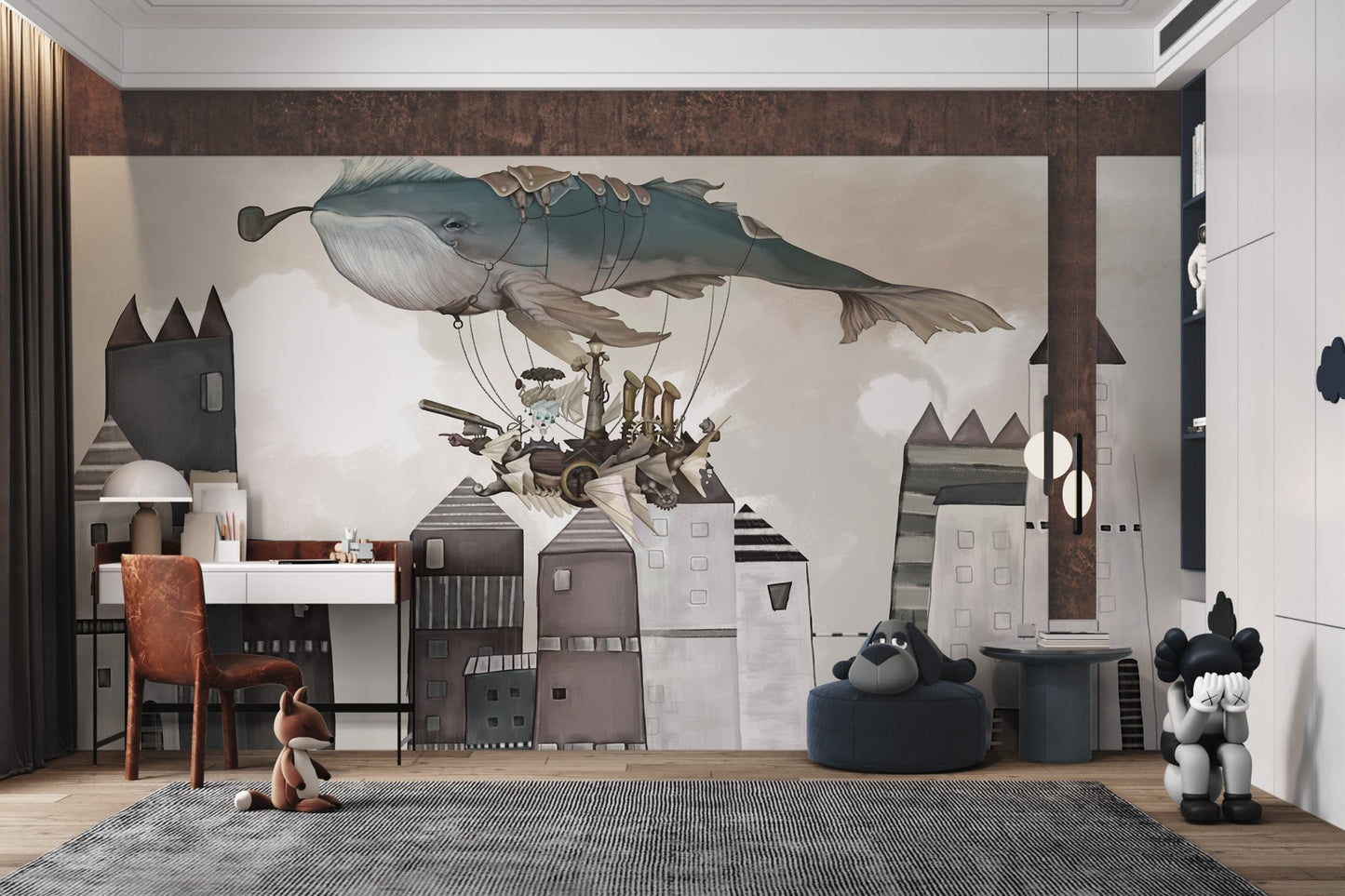 Grey whale with a wooden ship cabin wall mural in a modern study space.