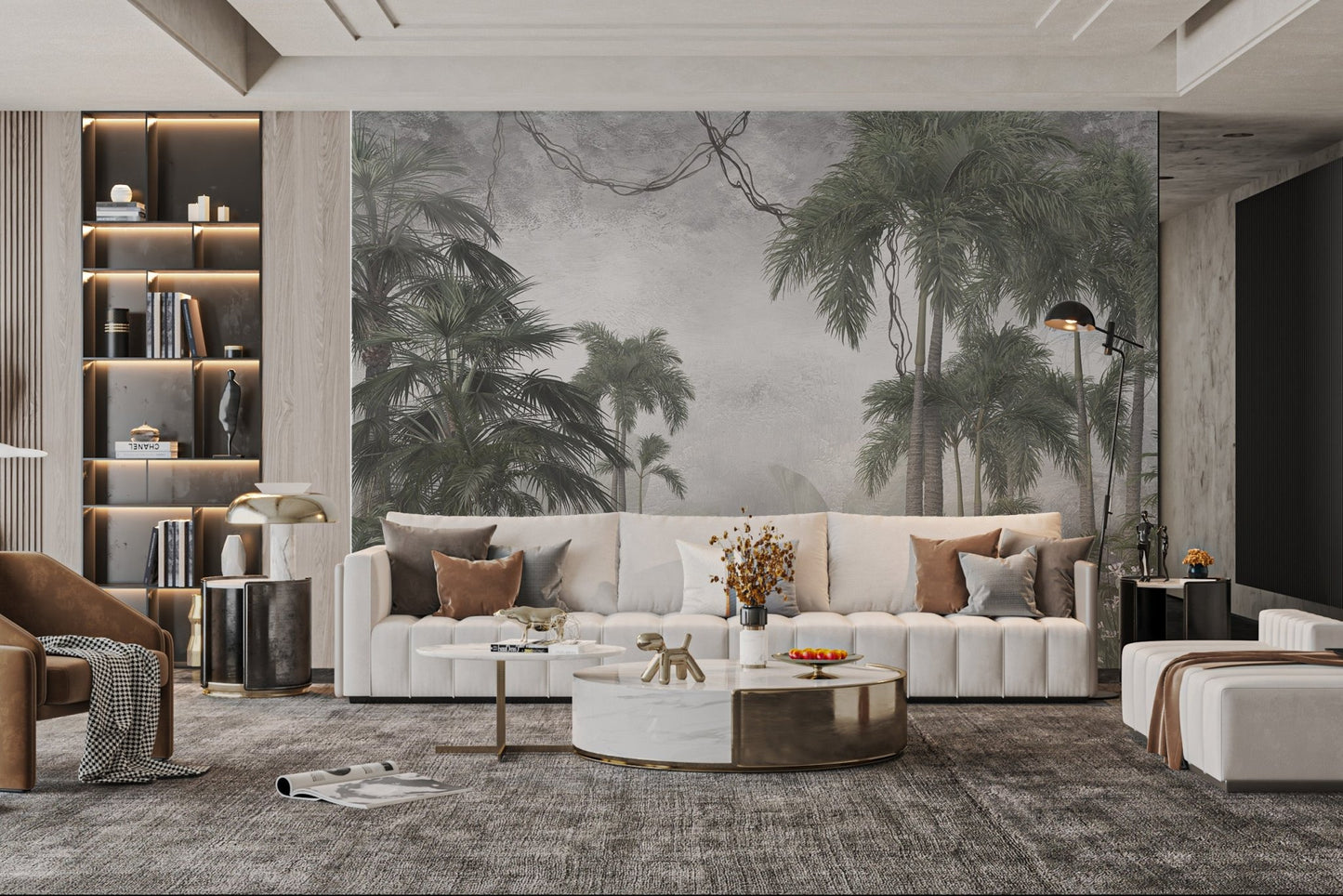 Moody tropical jungle mural for residential living room interior wall.