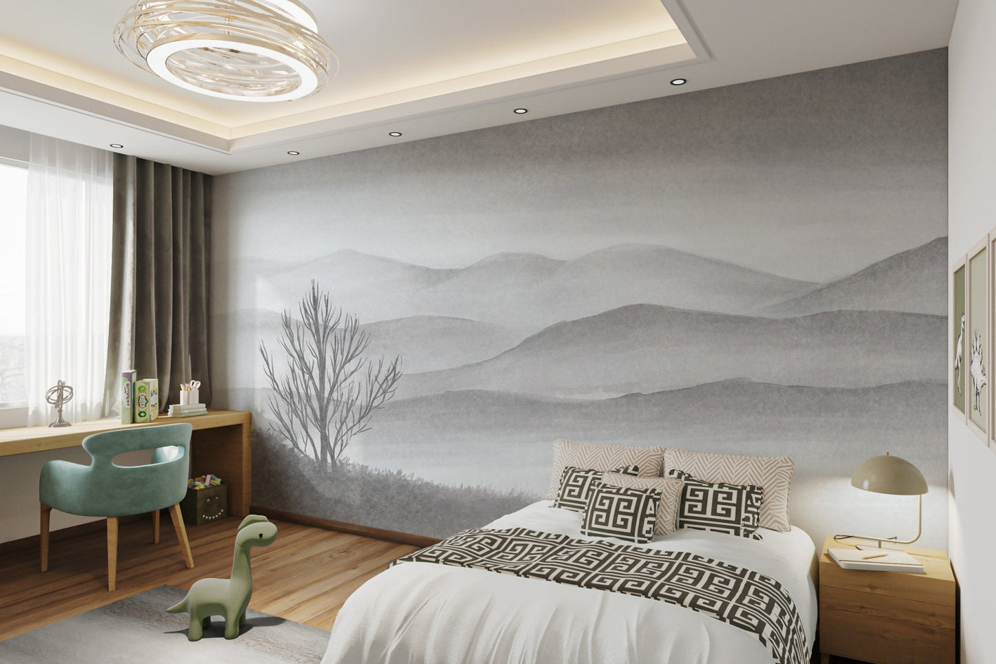 Calm foggy mountain lake with trees wall mural for children's bedroom.