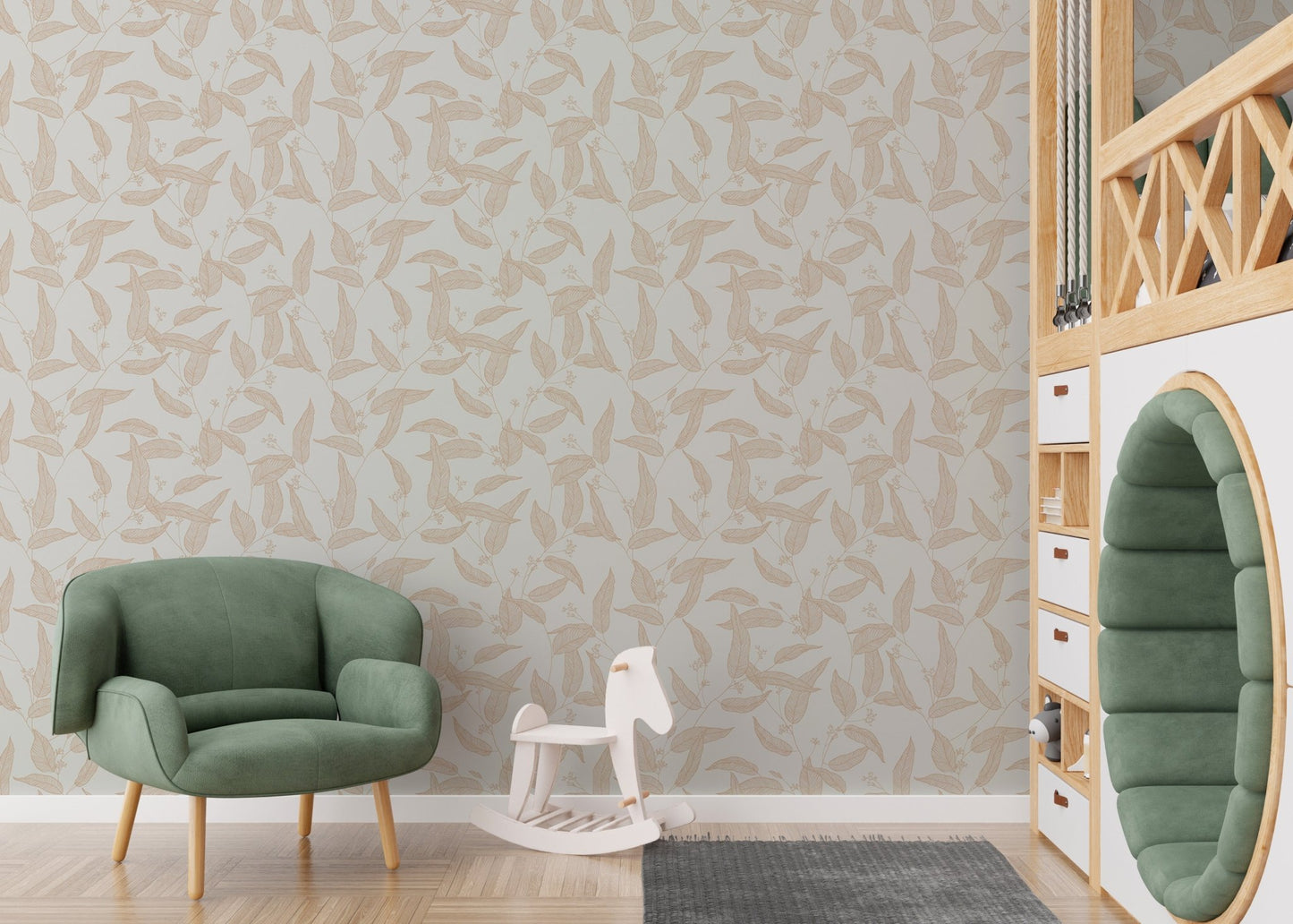 Foliage wallpaper in a playroom with a green armchair and wooden toy horse.