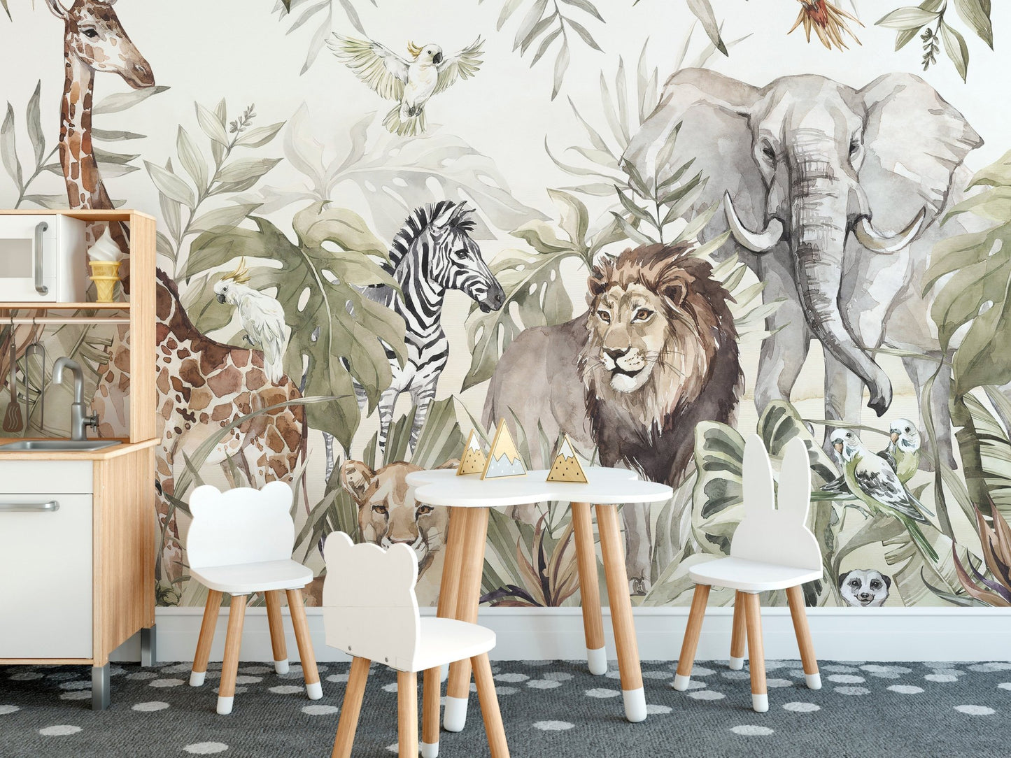 Detailed watercolor wall mural of a giraffe and elephant in a dining area.
