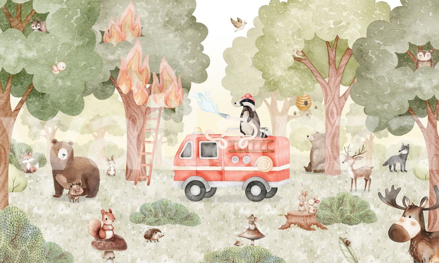 Full view wall mural showing a fire truck and forest animals.