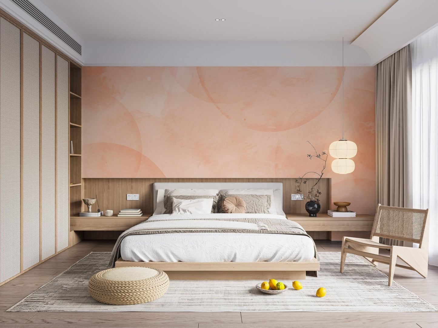 Watercolor peach wallpaper with layered round motifs and subtle contrast.