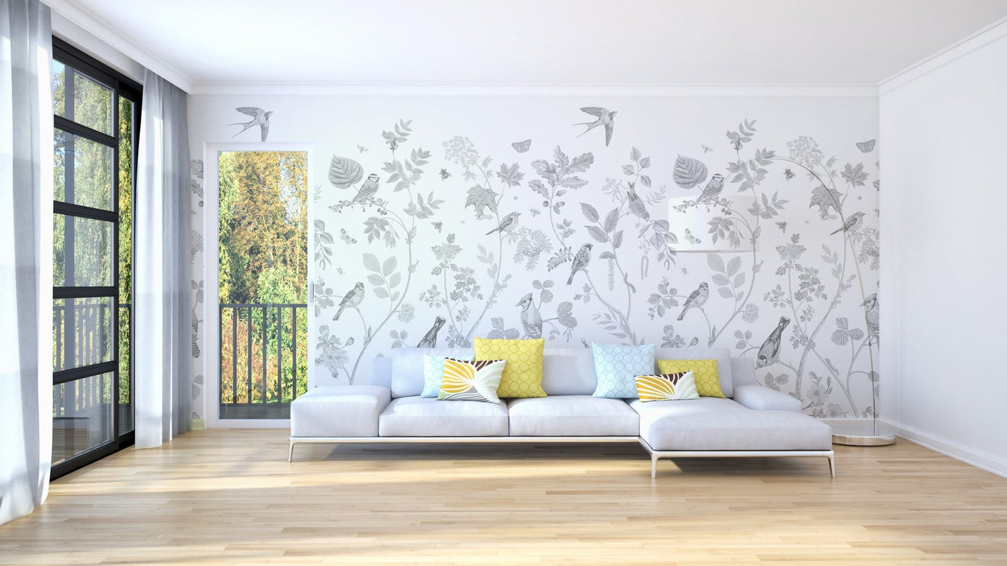 Fine sketch bird wallpaper with soft gray background.