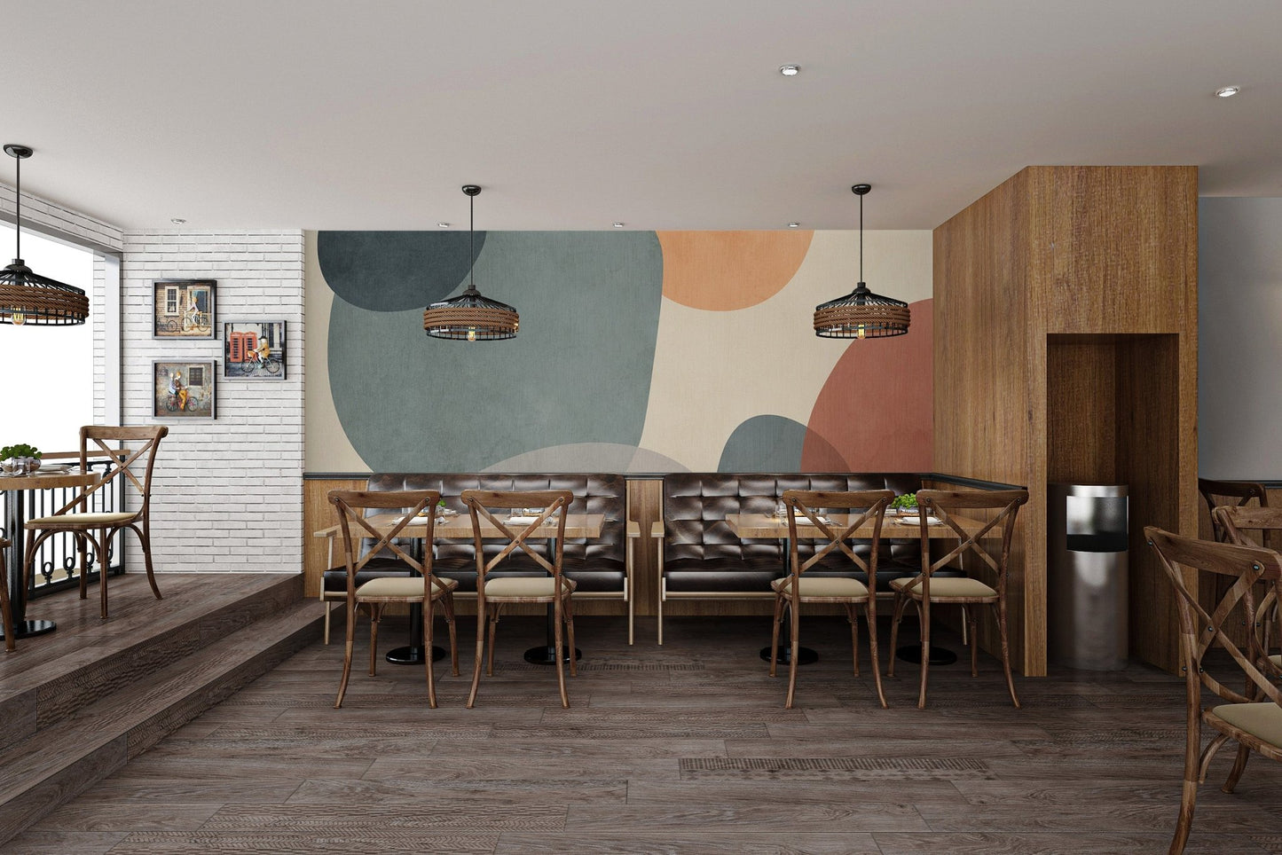 Abstract wall mural with sleek geometric shapes for cafe interior.