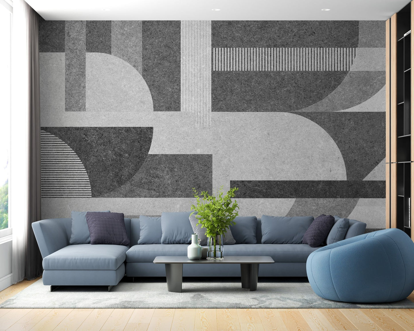 Geometric gray grunge tile mural for edgy living room wall decor.
