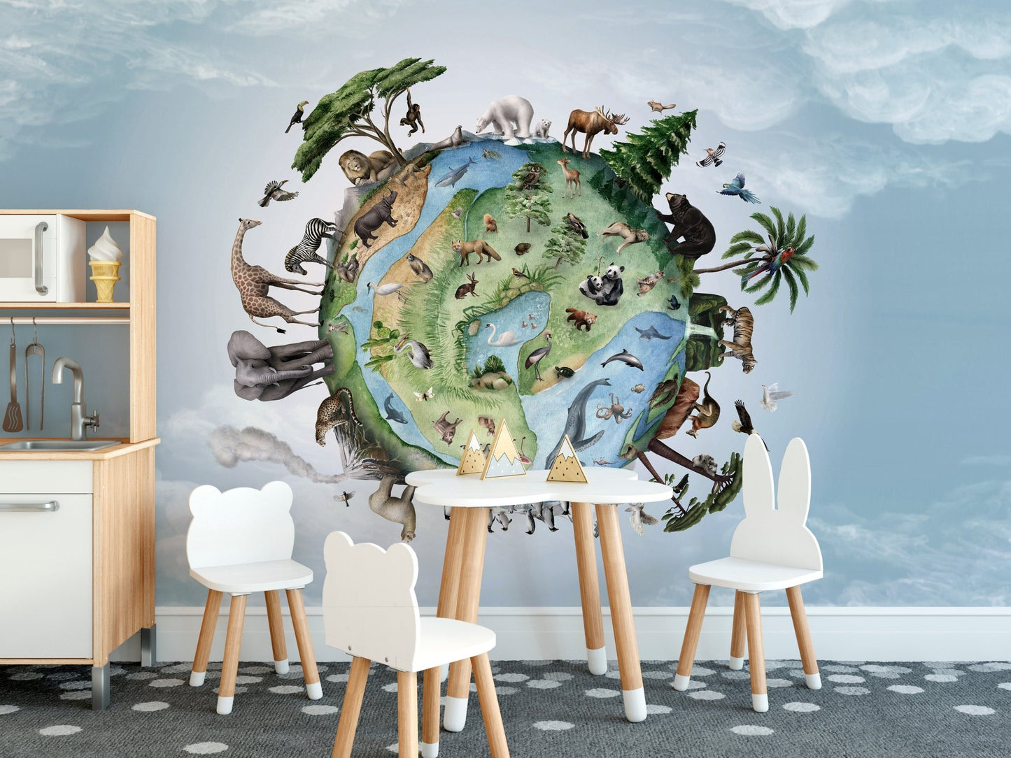 Nature planet wildlife wall mural with diverse species illustration.