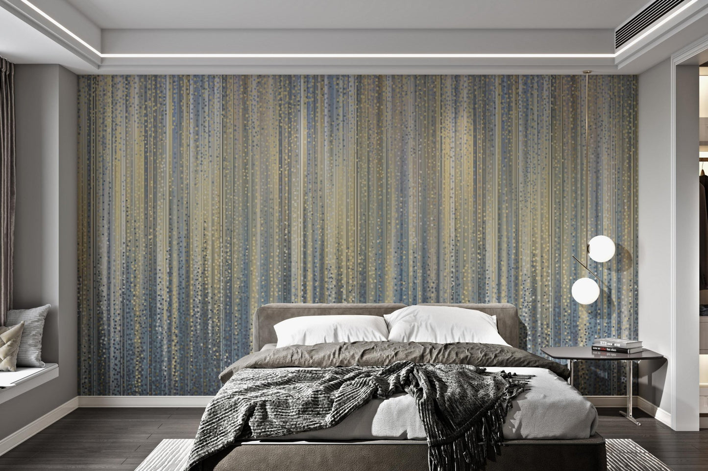 Abstract vertical line wall mural in shimmering gold and blue for bedroom.