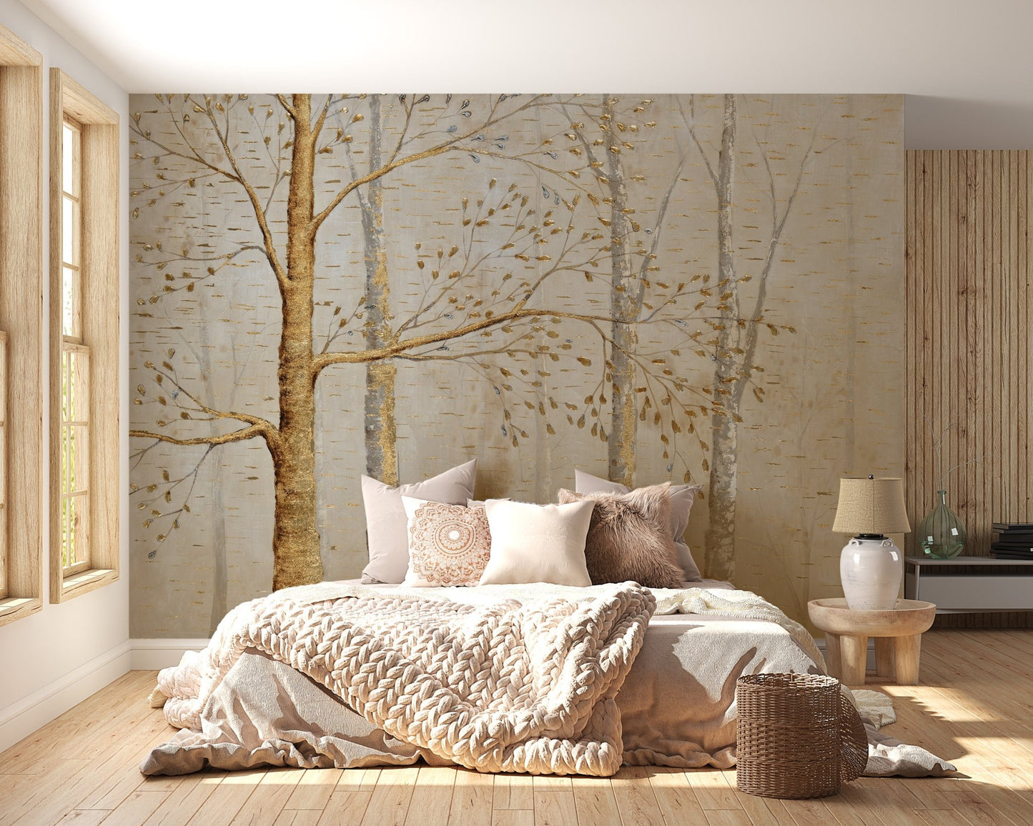 Luxe Gold Leaves Wall mural for Elegant bedroom interior.