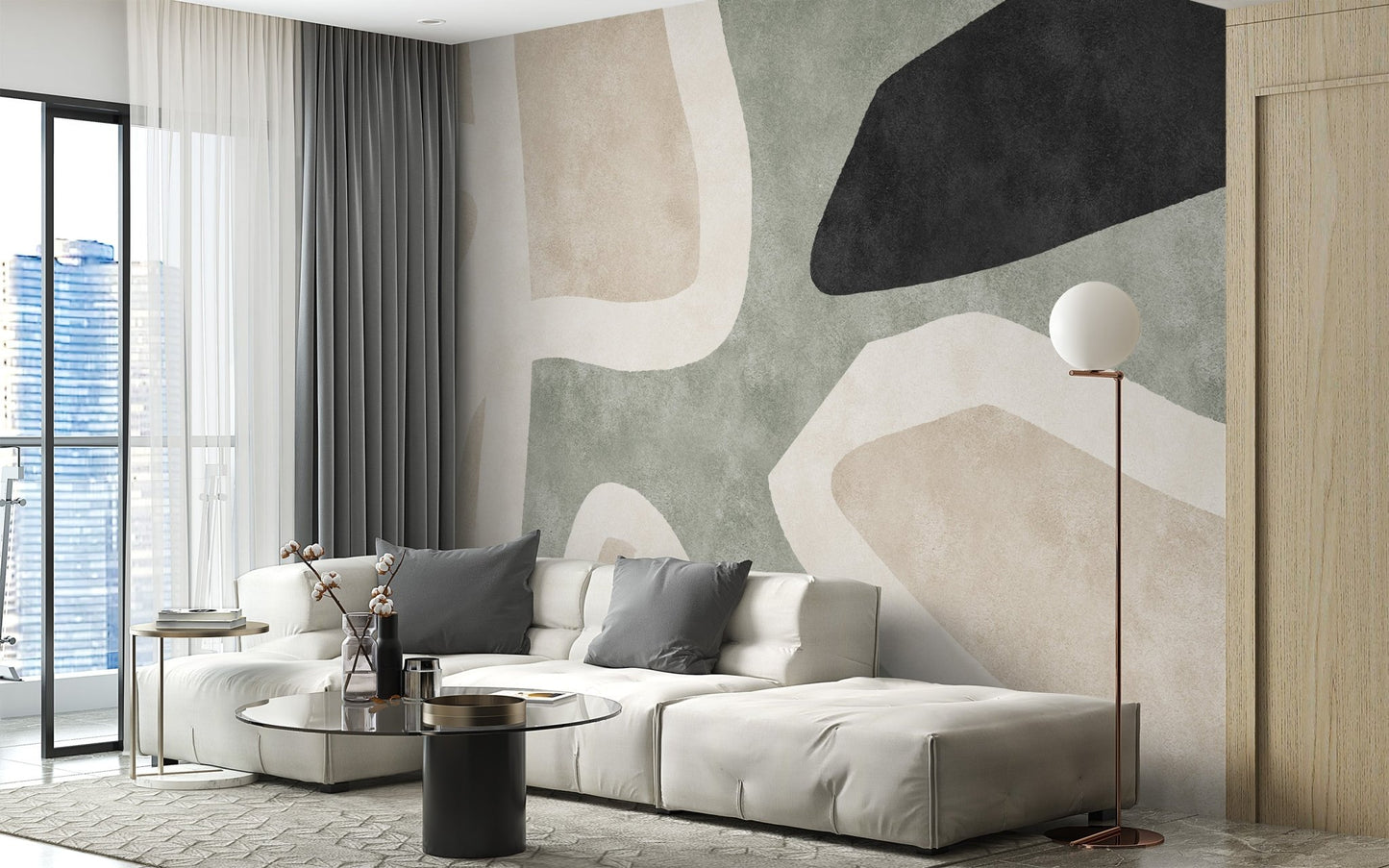 Golden abstract mural wallpaper with balanced modern layout for living area.