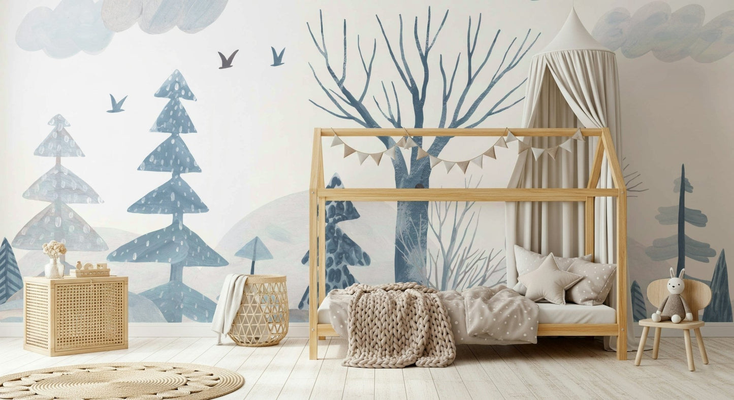 Abstract fir tree wall mural for a peaceful interior aesthetic.