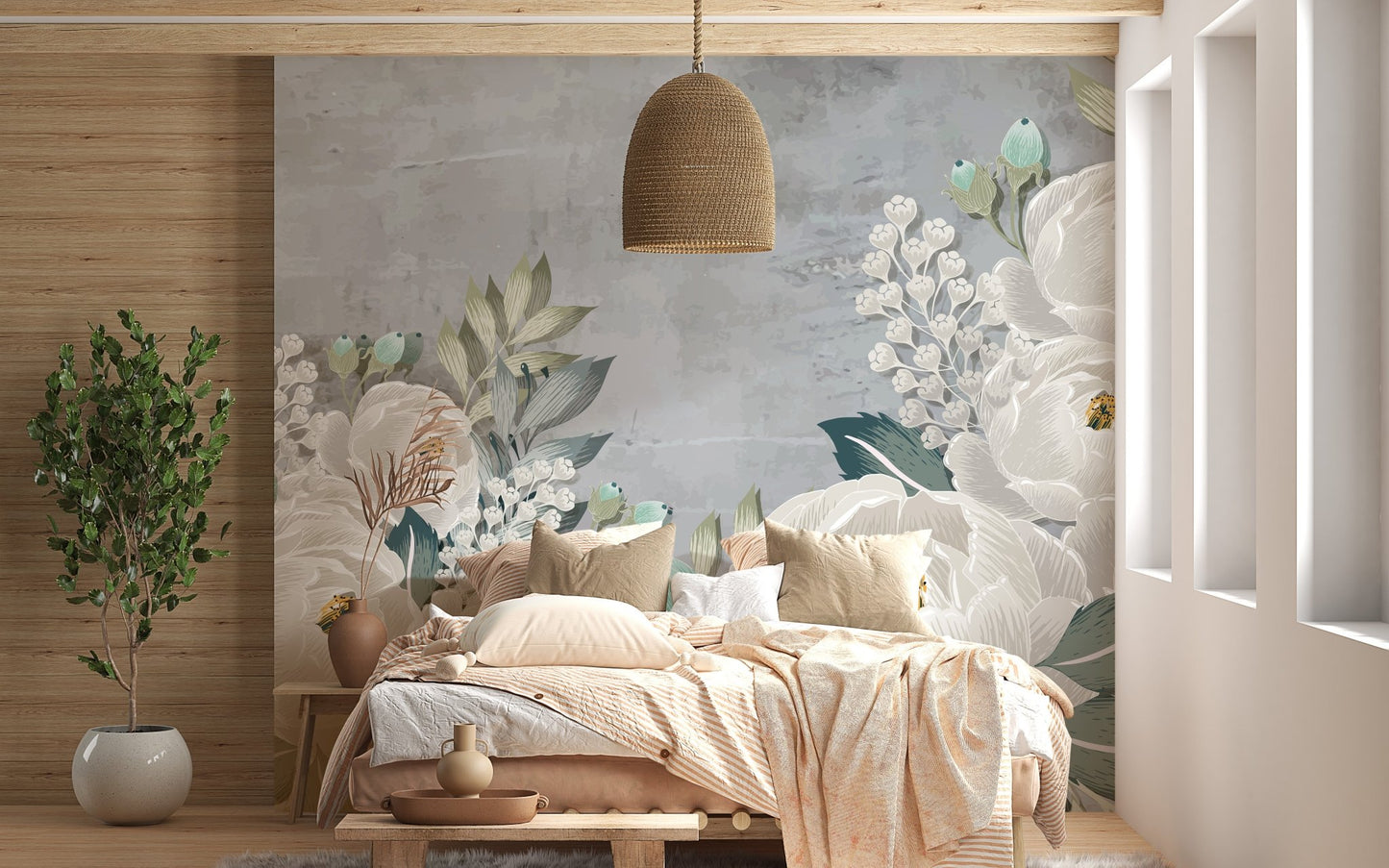 Grunge-inspired peony wall mural for stylish and creative bedroom spaces.
