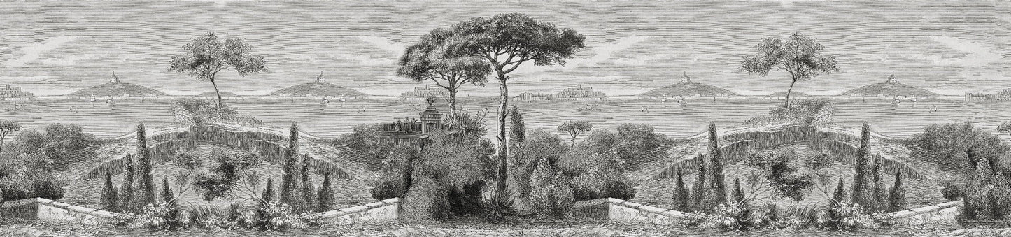 Grayscale Vintage Forest Wall mural featuring hand-drawn landscape sketches.